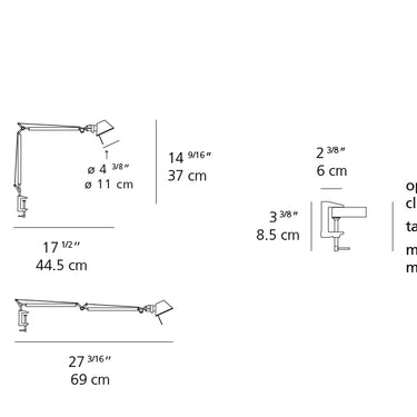 Artemide Tolomeo Micro LED TOL0091 dimensions and desk clamp size