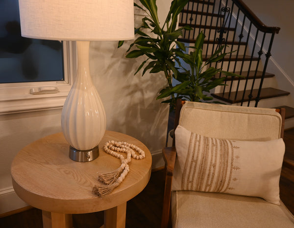 Modern Lantern Ava Ivory Ceramic on Nickel Mini Base Cordless Table Lamp