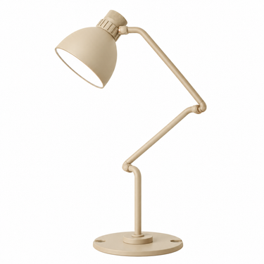 Side view of B.lux Blux System T30 adjustable desk lamp in matte beige with articulated arm and directional metal shade.