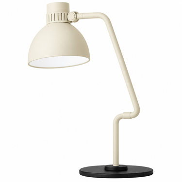 B.lux Blux System T40 matte beige articulated table lamp showing adjustable arm and swivel joints for directional task lighting.