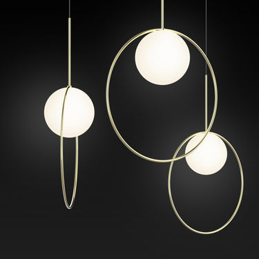 Bola Halo Pendant by Pablo Designs – Mirrored Ring & Opal Globe, 18" or 22"