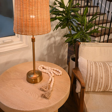Mini Cordless Buffet Lamp with Rattan Shade in Antique Brass finish