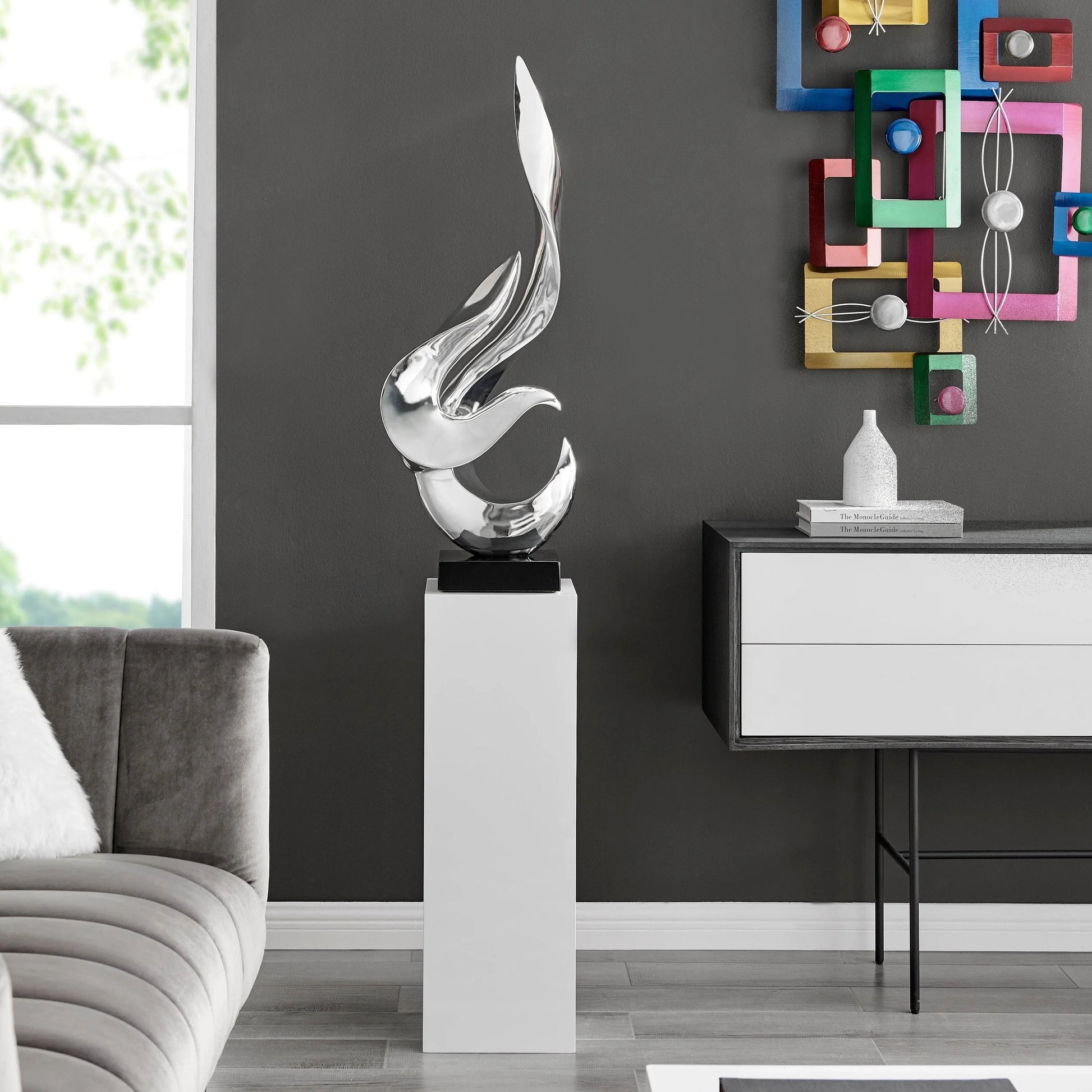 Finesse Decor Chrome Flame Floor Sculpture With White Stand 2