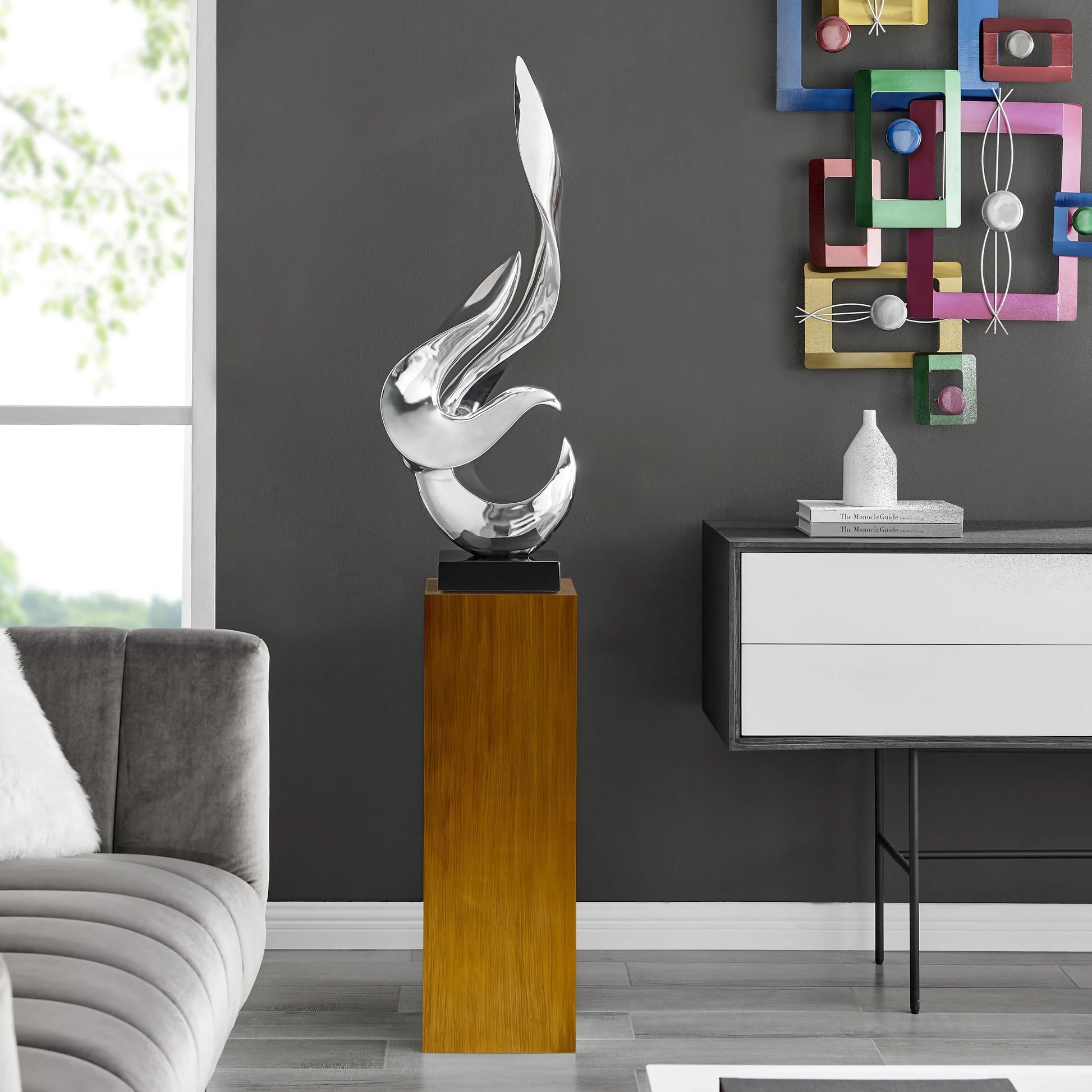 Finesse Decor Chrome Flame Floor Sculpture With Wood Stand 2