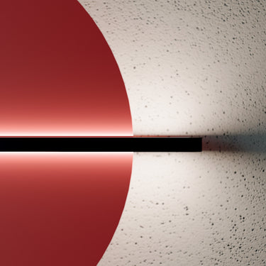 Detail of the Penta Hang Out wall lamp with a red half-disc panel and black bar