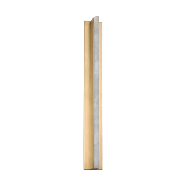 Alabaster and antique brass slender LED wall fixture, ambient lighting for living rooms and hallways.