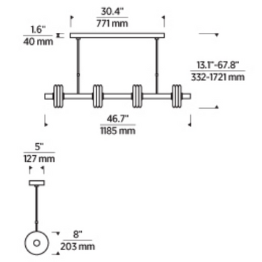 Linear chandelier with 2700K warm LED lighting, sloped ceiling adaptable, and brass construction
