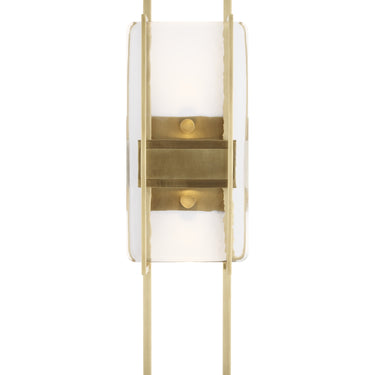 Duelle 18 inch LED wall sconce, 1194 lumen warm white light, vertical mount, dry location rated in natural brass finish.