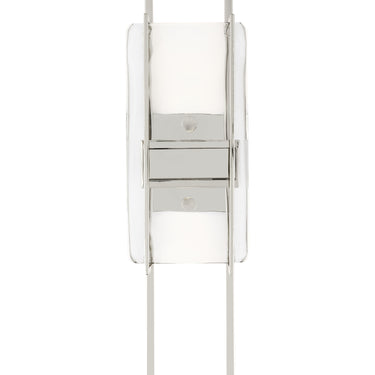 Duelle modern art glass wall sconce, 18 inch height, dimmable LED, for hallway or bedroom lighting.