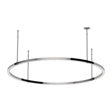 Mick De Giulio designed 48" dimmable ring LED chandelier in polished stainless steel for contemporary dining rooms
