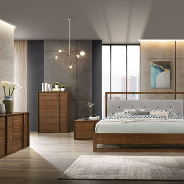 California King Nova Domus Falcor Grey Fabric & Walnut Veneer Bed