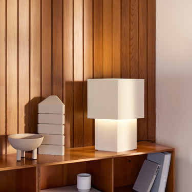 Sculptural table lamp, Romb 36 (14.2 in) Cotton, styled in a room | Romb by Pholc (2)