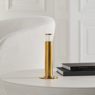 Antique brass finish Miguel table lamp, 12-hour battery life, for reading nooks.