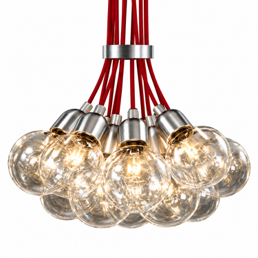 David Abad Ilde Max S sculptural multi-light pendant in chrome finish and red cord