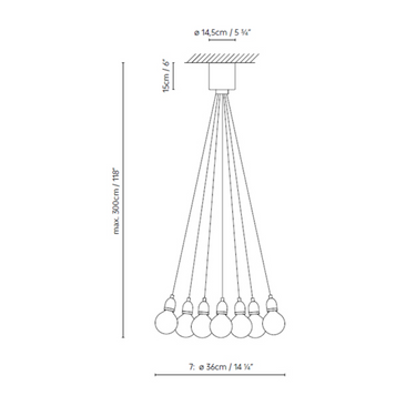 Ilde Max S pendant dimensions showing 14.25-inch width and 118-inch maximum height