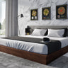 Nova Domus Janice Grey Fabric & Walnut Bed & Nightstands