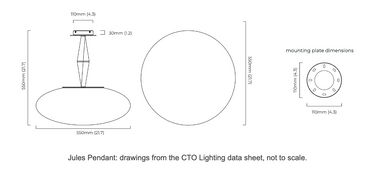 Jules Pendant Light drawings from the CTO Lighting data sheet, with dimensions in millimetres and inches