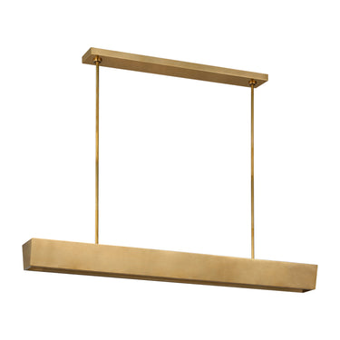 Kelly Wearstler modern brass linear pendant light, 54 inches long, providing ambient lighting in a living room.