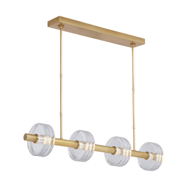 Designer Kelly Wearstler linear chandelier with dimmable LED, brass frame, and artisan Italian glass
