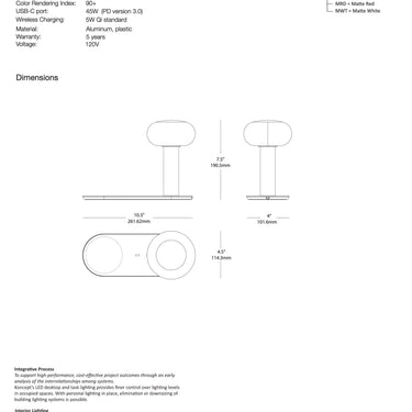 Measurements and spec sheet – Combi LED Table Lamp with Wireless Charging by Koncept