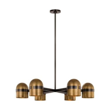 Modern brass and bronze chandelier by AVROKO mounted in upscale hotel lobby interior