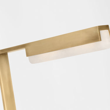 Designer floor lamp with linear backlit alabaster and natural brass, 90 CRI lighting.