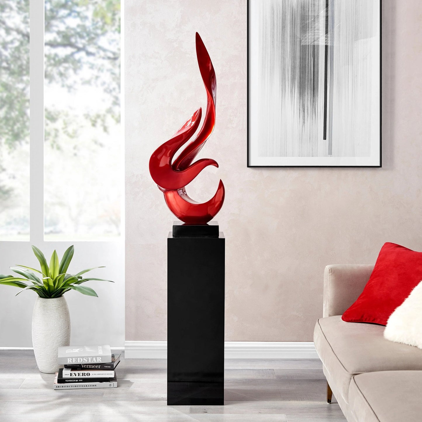 Finesse Decor Metallic Red Flame Floor Sculpture With Black Stand 2