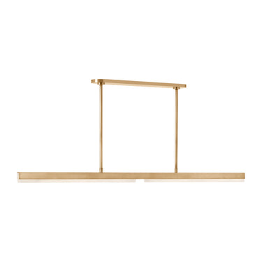 Linea 60-inch LED linear chandelier in hand-rubbed antique brass with natural alabaster shades, perfect for modern dining rooms.