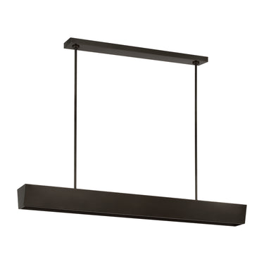 Kelly Wearstler Pench tapered linear chandelier in dark bronze finish over a large kitchen island.