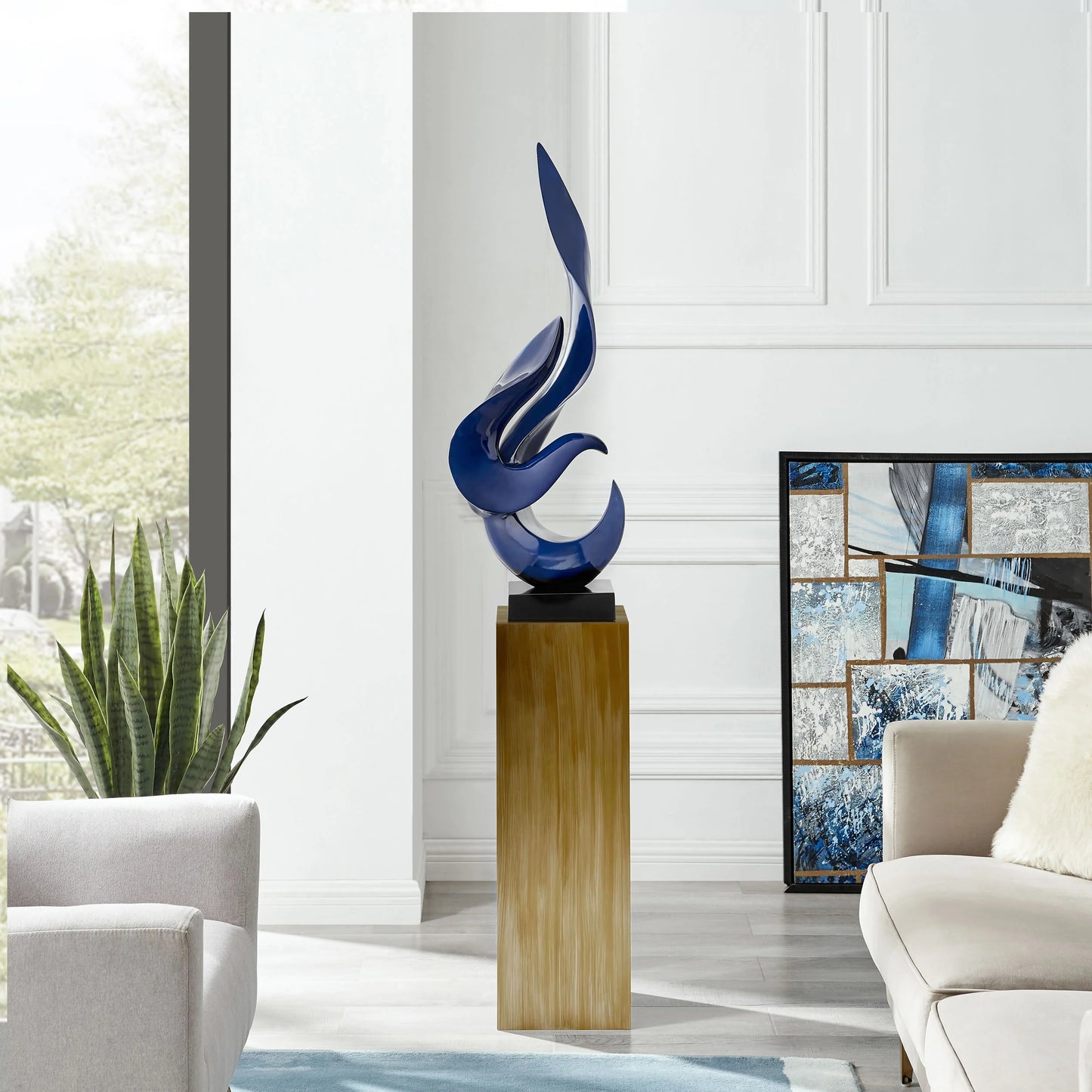 Finesse Decor Navy Blue Flame Floor Sculpture With Bronze Stand 2