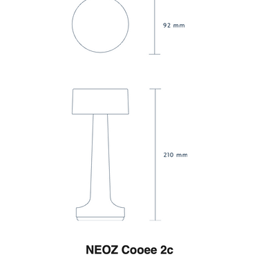 Size drawing of the NEOZ Cooee 2c: 8.3 in tall, 3.6 in wide (210 x 92 mm)