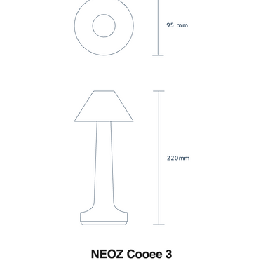 Size drawing of the NEOZ Cooee 3: 8.7 in tall, 3.7 in wide (220 x 95 mm)