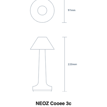 Size drawing of the NEOZ Cooee 3c: 8.7 in tall, 3.8 in wide (220 x 97 mm)