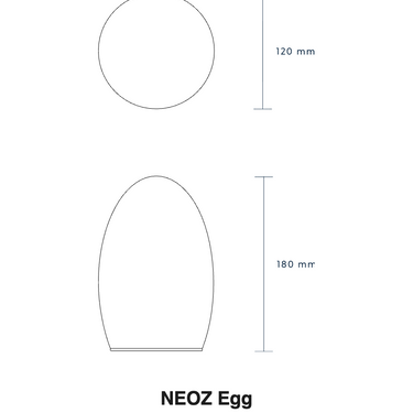 Size drawing of the NEOZ Egg: 7.1 in tall, 4.7 in wide (180 x 120 mm)