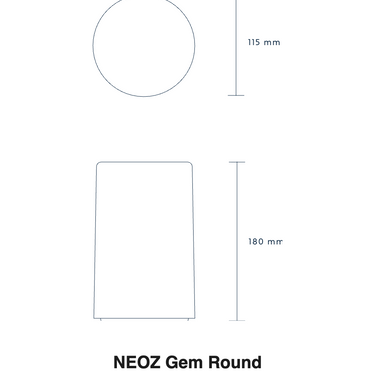 Size drawing of the NEOZ Gem Round: 7.1 in tall, 4.5 in wide (180 x 115 mm)