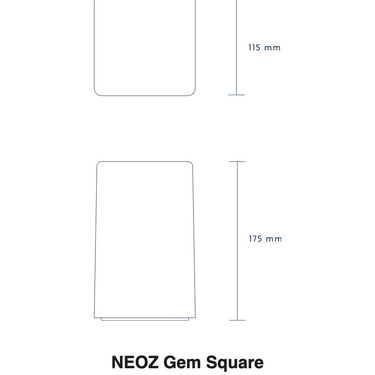 Size drawing of the NEOZ Gem Square: 6.9 in tall, 4.5 in wide (175 x 115 mm)