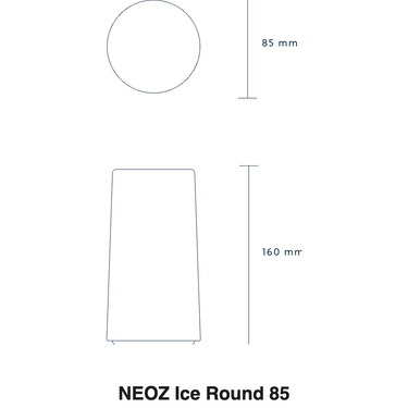 Size drawing of the NEOZ Ice Round 85: 6.3 in tall, 3.3 in wide (160 x 85 mm)