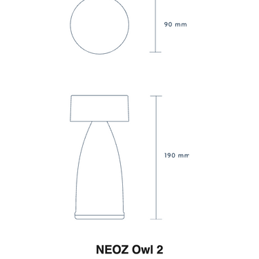 Size drawing of the NEOZ Owl 2: 7.5 in tall, 3.5 in wide (190 x 90 mm)