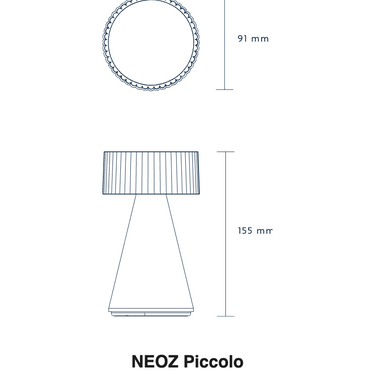 Size drawing of the NEOZ Piccolo: 6.1 in tall, 3.6 in wide (155 x 91 mm)