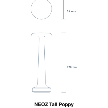 Size drawing of the NEOZ Tall Poppy: 10.6 in tall, 3.7 in wide (270 x 94 mm)