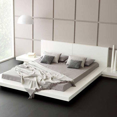 Queen Opal White Gloss Japanese Style Platform Bed with Nightstands