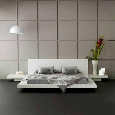 Queen Opal White Gloss Japanese Style Platform Bed with Nightstands