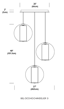 Bel Occhio 3-globe chandelier by Pablo, dimensioned drawing