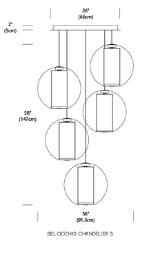 Bel Occhio 5-globe chandelier by Pablo, dimensioned drawing