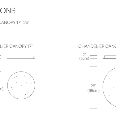 Pablo Designs Bola Sphere chandelier canopy dimensions diagram, 17 and 26 inch