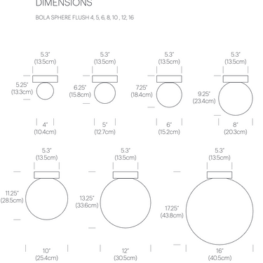 Pablo Designs Bola Sphere flush mount dimensions diagram, 4 to 16 inch