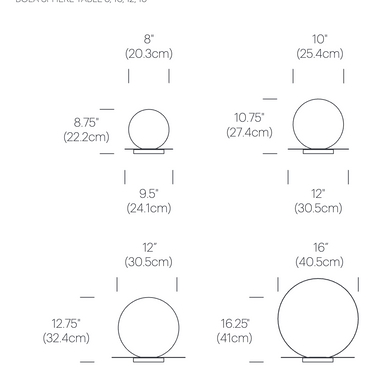 Pablo Designs Bola Sphere table lamp dimensions diagram, 8 to 16 inch