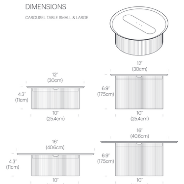 Pablo Designs Carousel table lamp dimensions diagram, small and large
