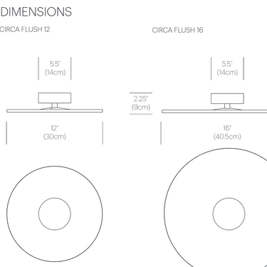 Pablo Designs Circa flush mount dimensions diagram, 12 and 16 inch