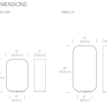 Pablo Designs Contour table lamp dimensions diagram, small and large